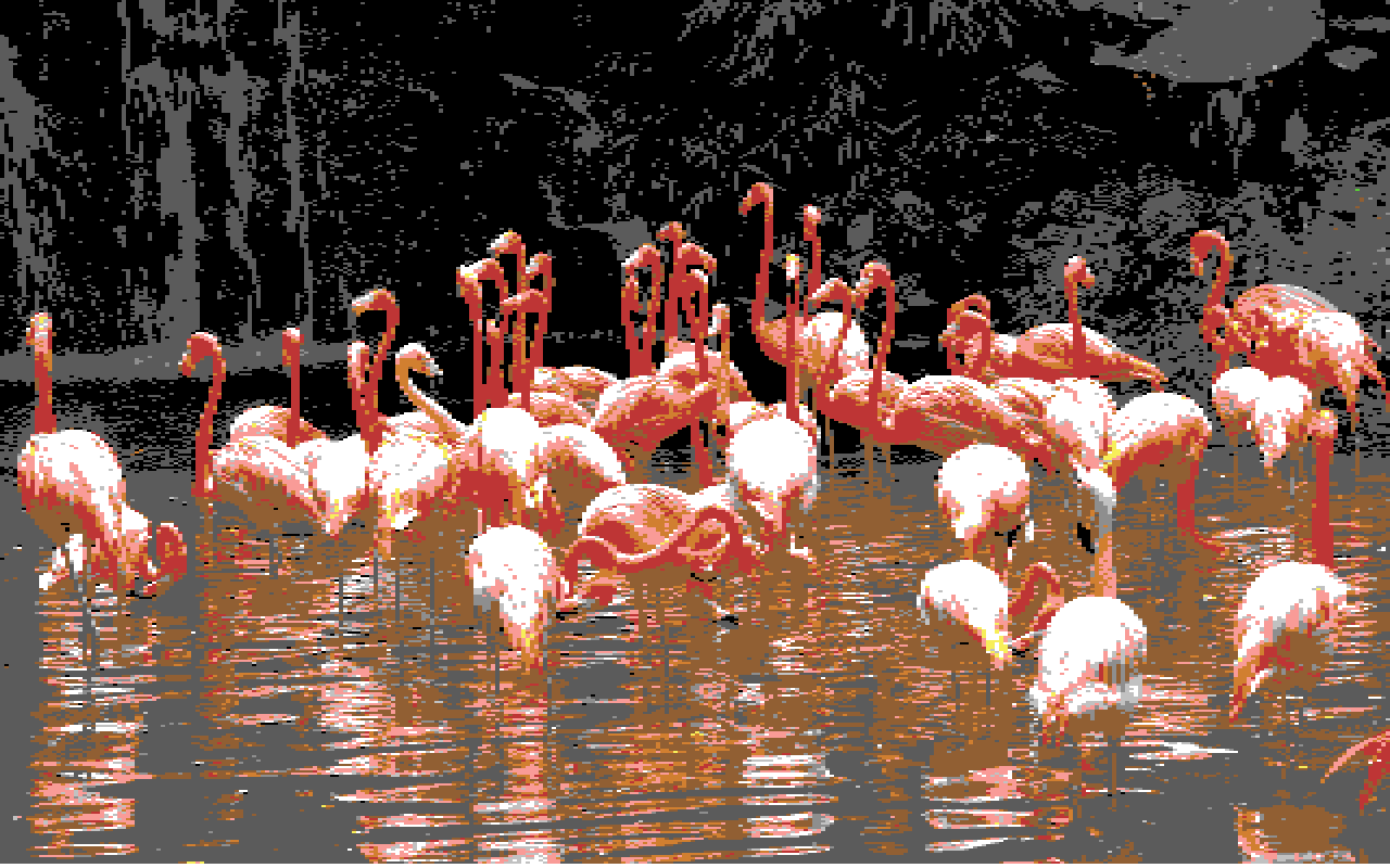 Flamingos im See in 8-Bit-C-64-Optik